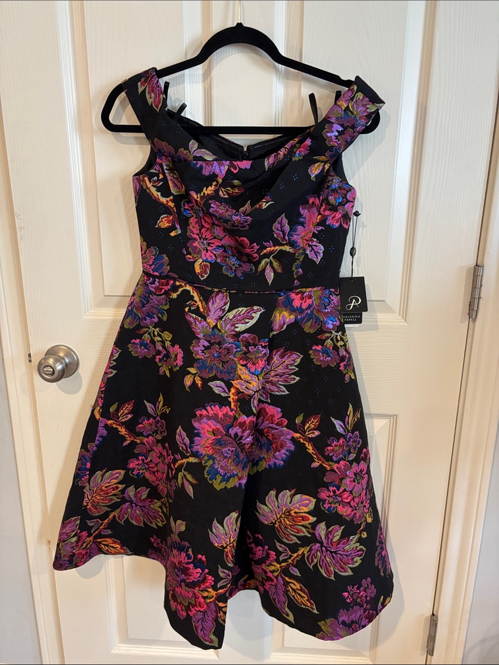 Adrianna Papell Black Dress with Pink & Purple Floral Jacquard Accents